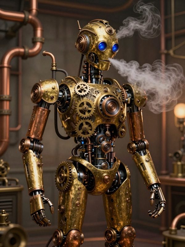 AI generated steampunk brass robot automaton