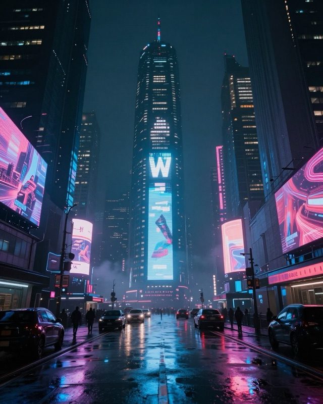 AI generated cyberpunk city street at night, created with the GenTok app